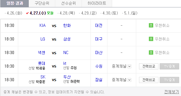 오늘 프로야구 일정 | 인스티즈