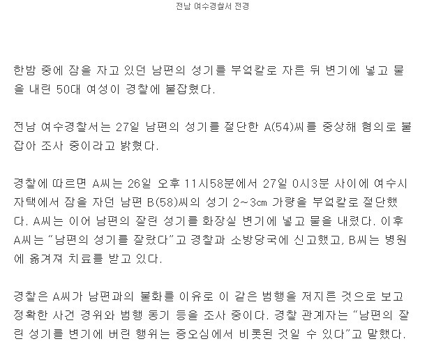 잠자던 남편 성기 잘라 변기에 버린 50대 여성 | 인스티즈